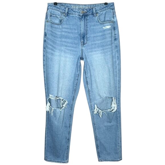 American Eagle Ripped Mom Jean Size 12 Denim High Rise Straight Leg Streetwear - Picture 2 of 9